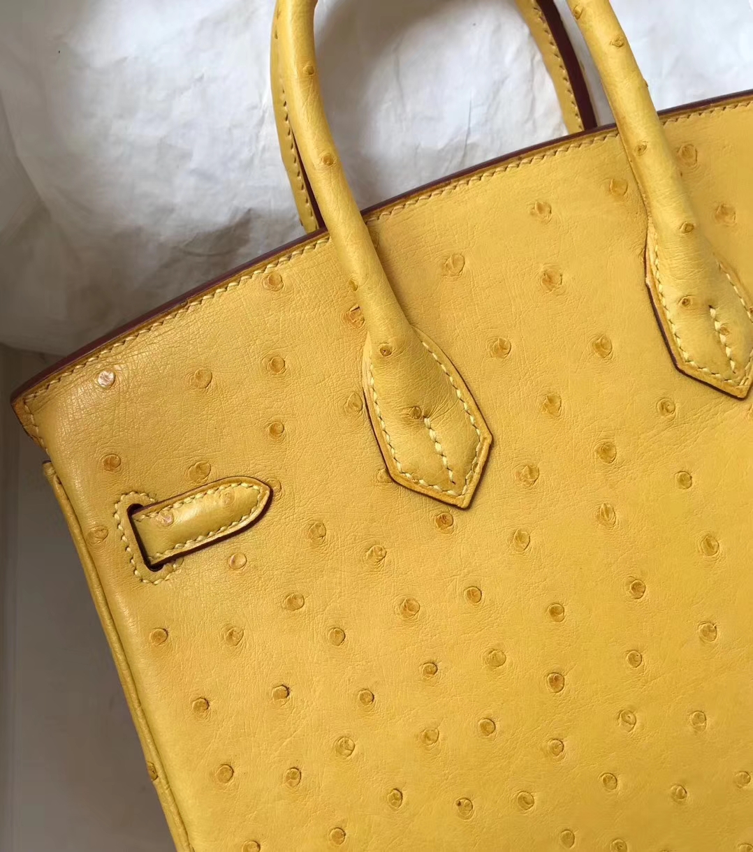 Hand Stitching Hermes Ostrich Leather Birkin Bag25CM in 9D Ambre Yellow