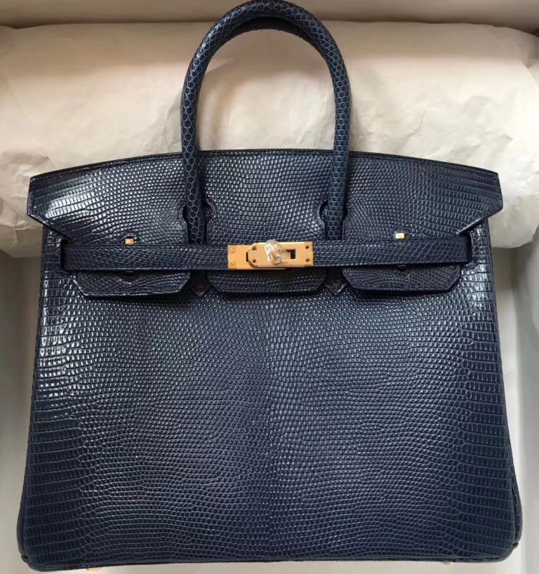 Hermes Shiny Lizard Leather Birkin Bag 25CM in Blue Turkey Gold Hardware