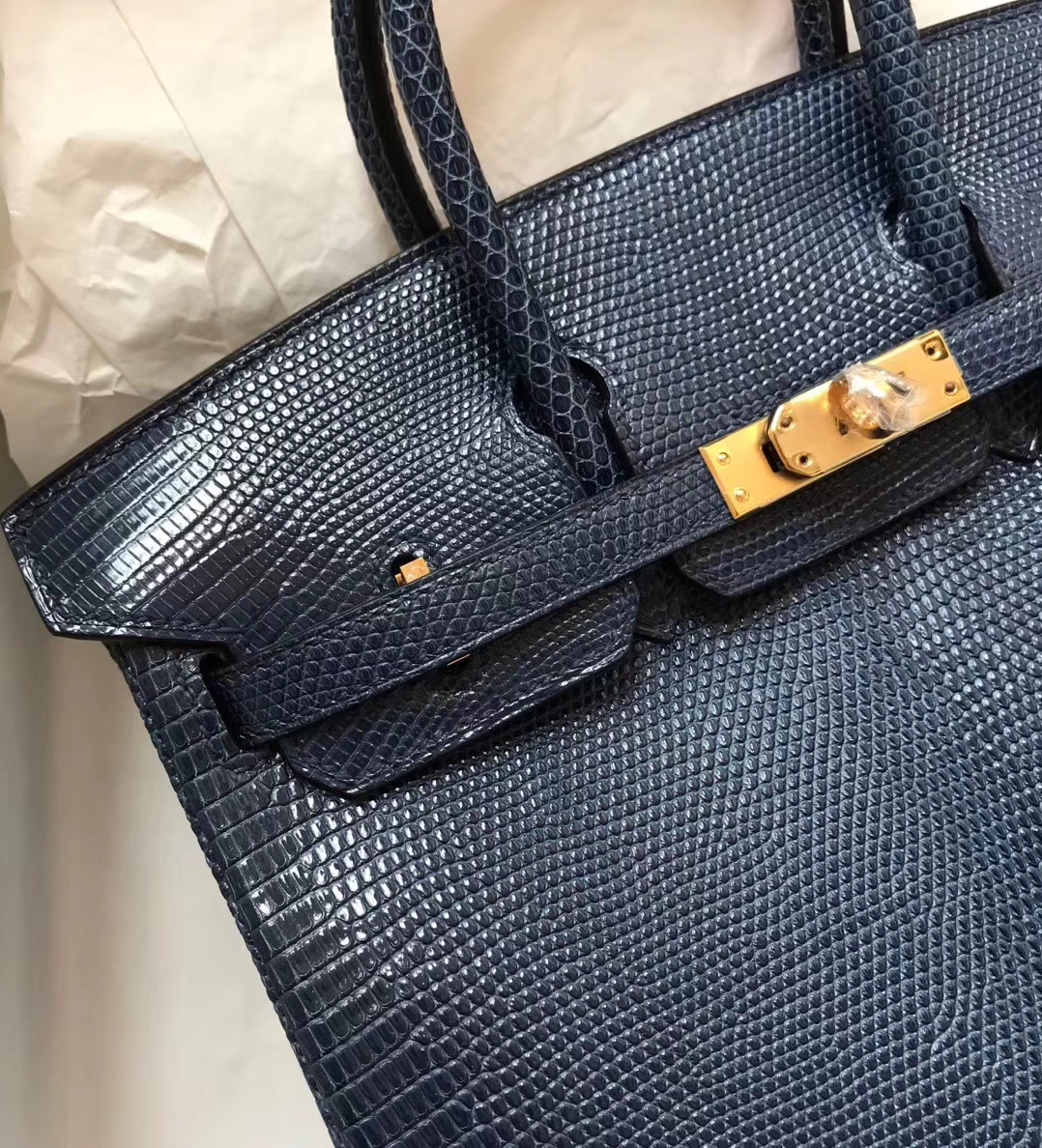 Luxury Hermes Shiny Lizard Leather Birkin Bag25CM in Blue Turkey Gold Hardware