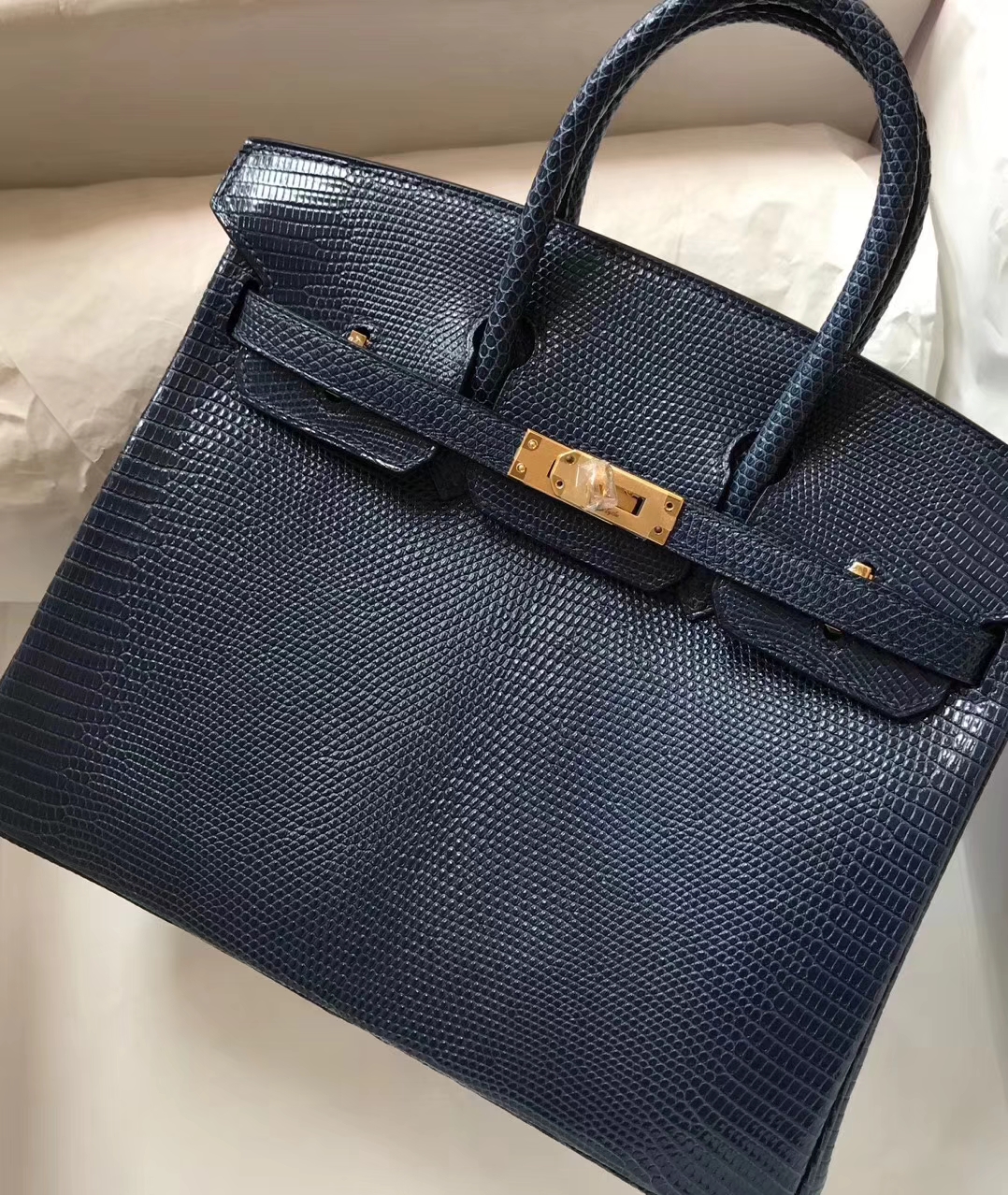 Luxury Hermes Shiny Lizard Leather Birkin Bag25CM in Blue Turkey Gold Hardware