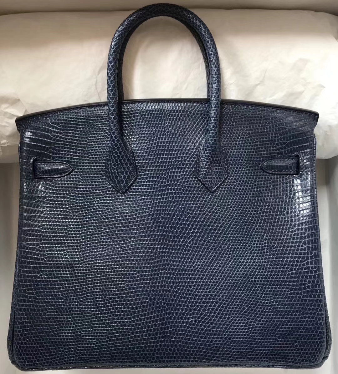 Luxury Hermes Shiny Lizard Leather Birkin Bag25CM in Blue Turkey Gold Hardware