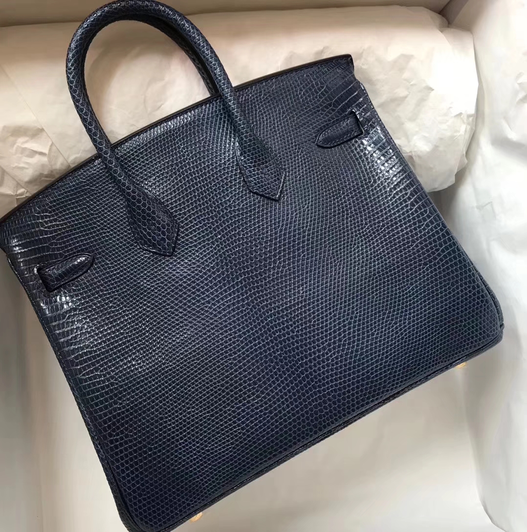 Luxury Hermes Shiny Lizard Leather Birkin Bag25CM in Blue Turkey Gold Hardware