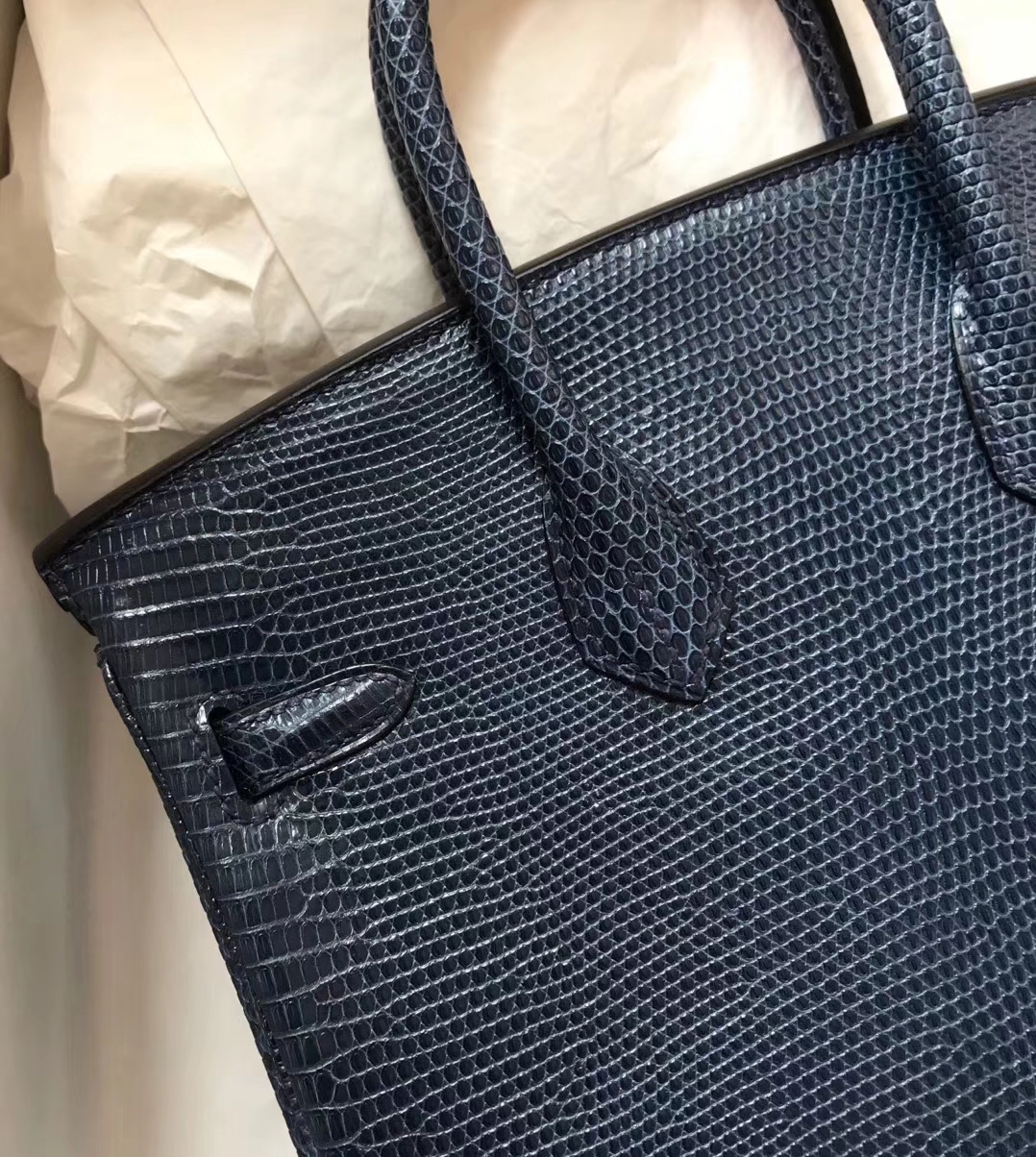 Luxury Hermes Shiny Lizard Leather Birkin Bag25CM in Blue Turkey Gold Hardware