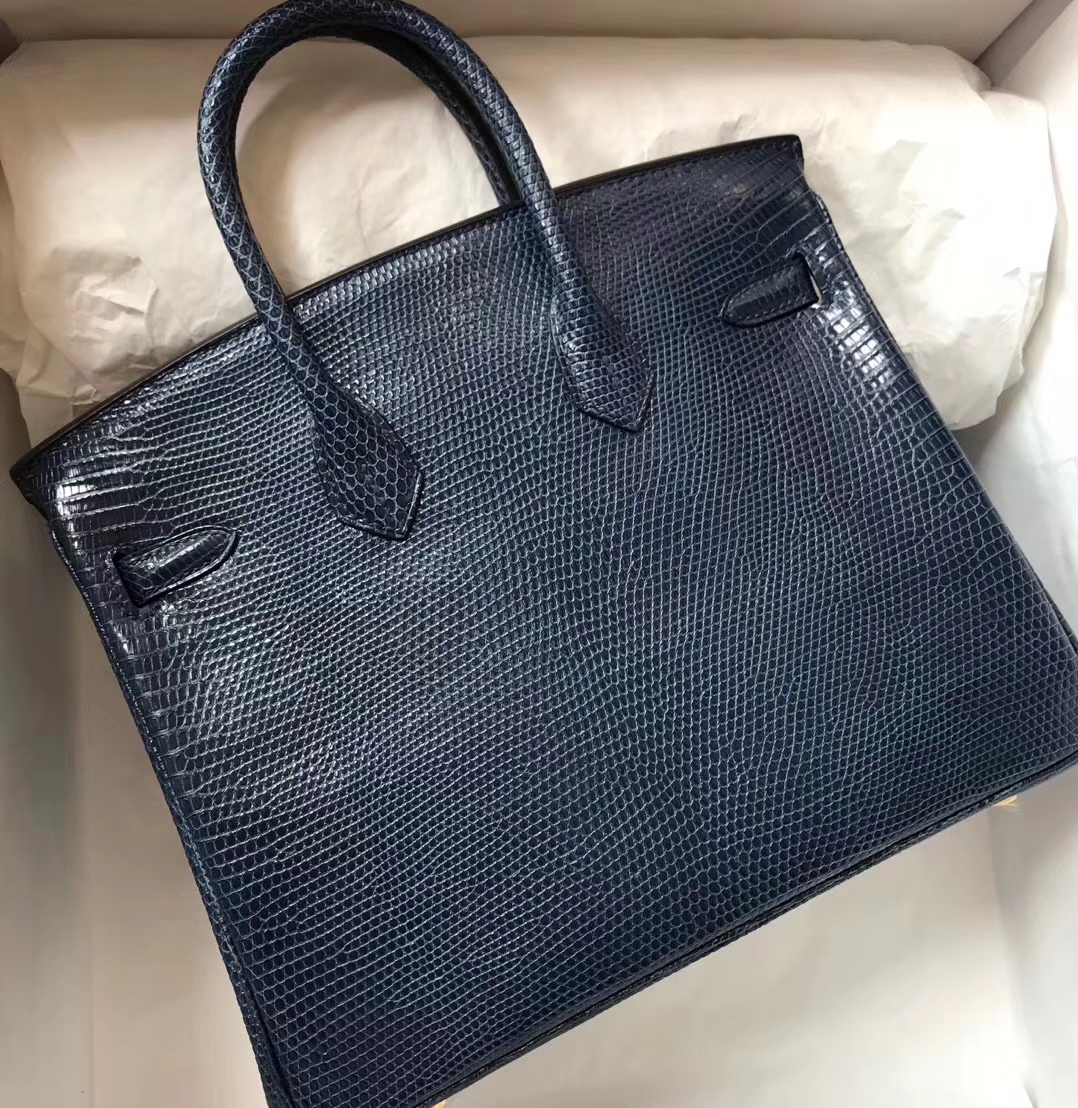 Luxury Hermes Shiny Lizard Leather Birkin Bag25CM in Blue Turkey Gold Hardware