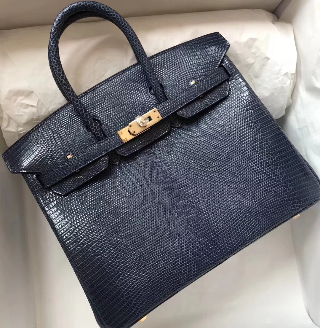 Luxury Hermes Shiny Lizard Leather Birkin Bag25CM in Blue Turkey Gold Hardware