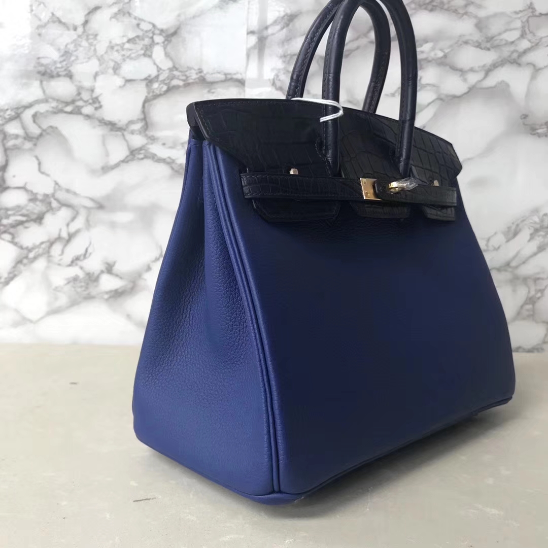 Fashion Hermes Birkin25CM Bag in 7T Blue Electric Togo Calf &#038; Dark Blue Crocodile Leather