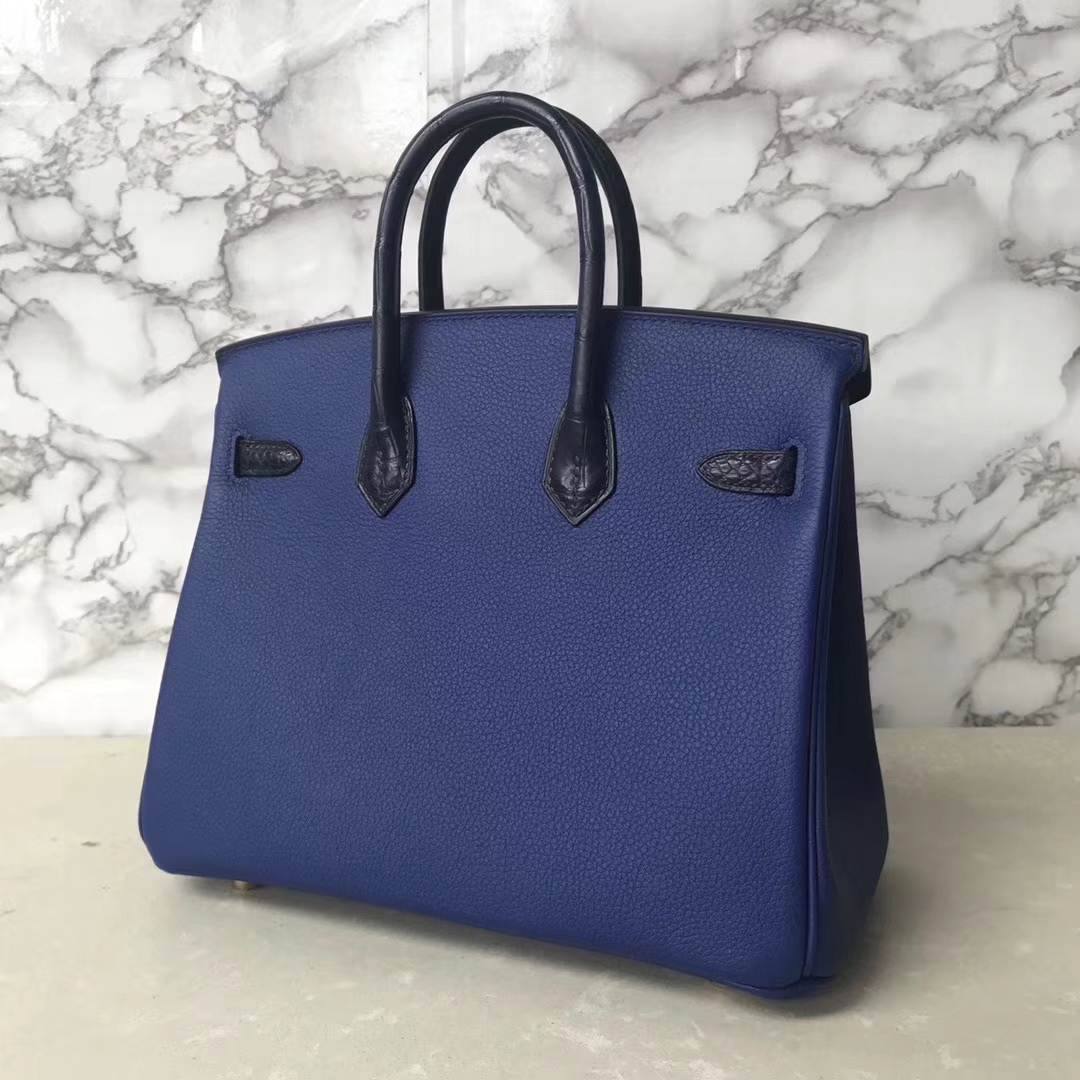 Fashion Hermes Birkin25CM Bag in 7T Blue Electric Togo Calf &#038; Dark Blue Crocodile Leather