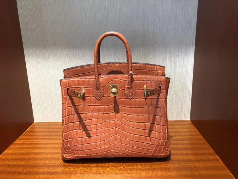 Hermes L5 Rose Crevette Crocodile Matt Birkin 25cm Bag Gold Hardware