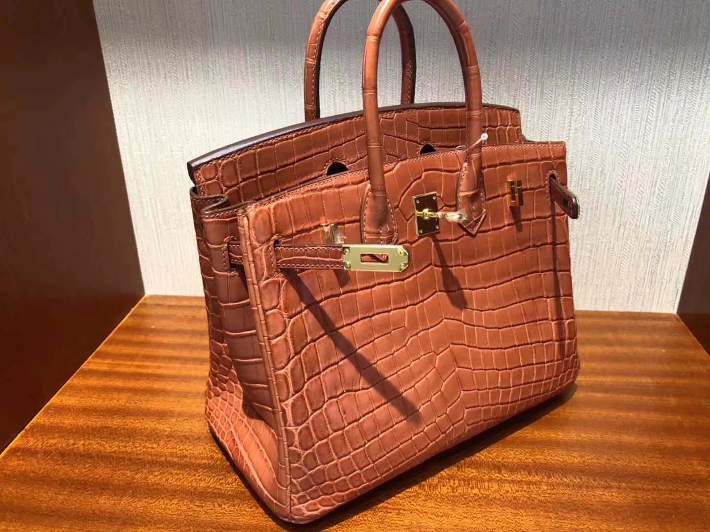Pretty Hermes L5 Rose Crevette Crocodile Matt Birkin25cm Bag Gold Hardware