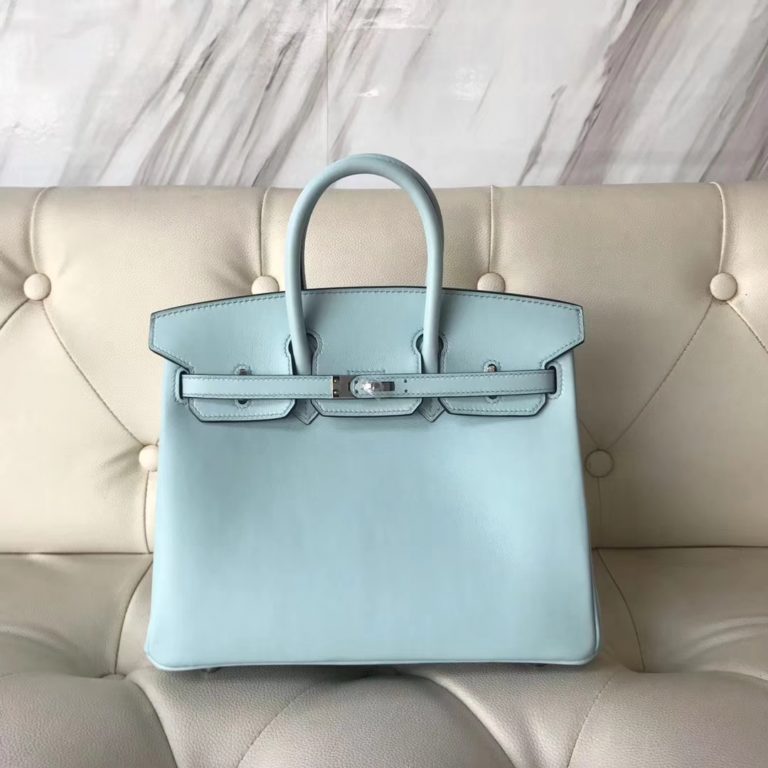 Hermes Swift Calf Birkin 25CM Tote Bag in U2 Blue Zephyr Silver Hardware