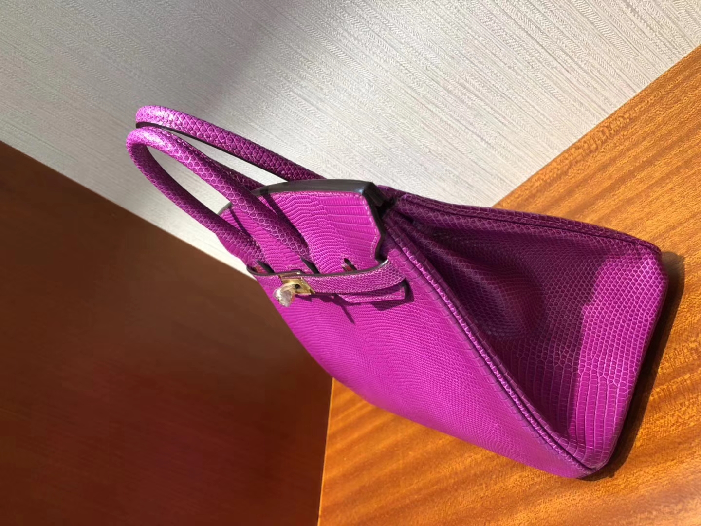 Hand Stitching Hermes L3 Rose Purple Lizard Leather Birkin25CM Bag Gold Hardware