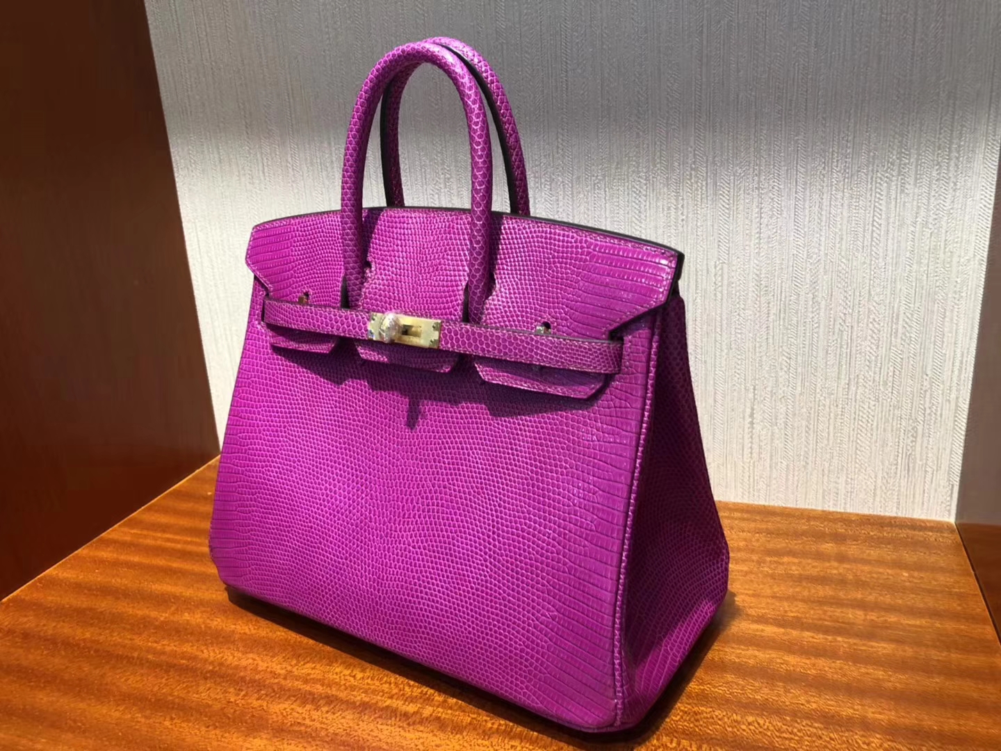 Hand Stitching Hermes L3 Rose Purple Lizard Leather Birkin25CM Bag Gold Hardware