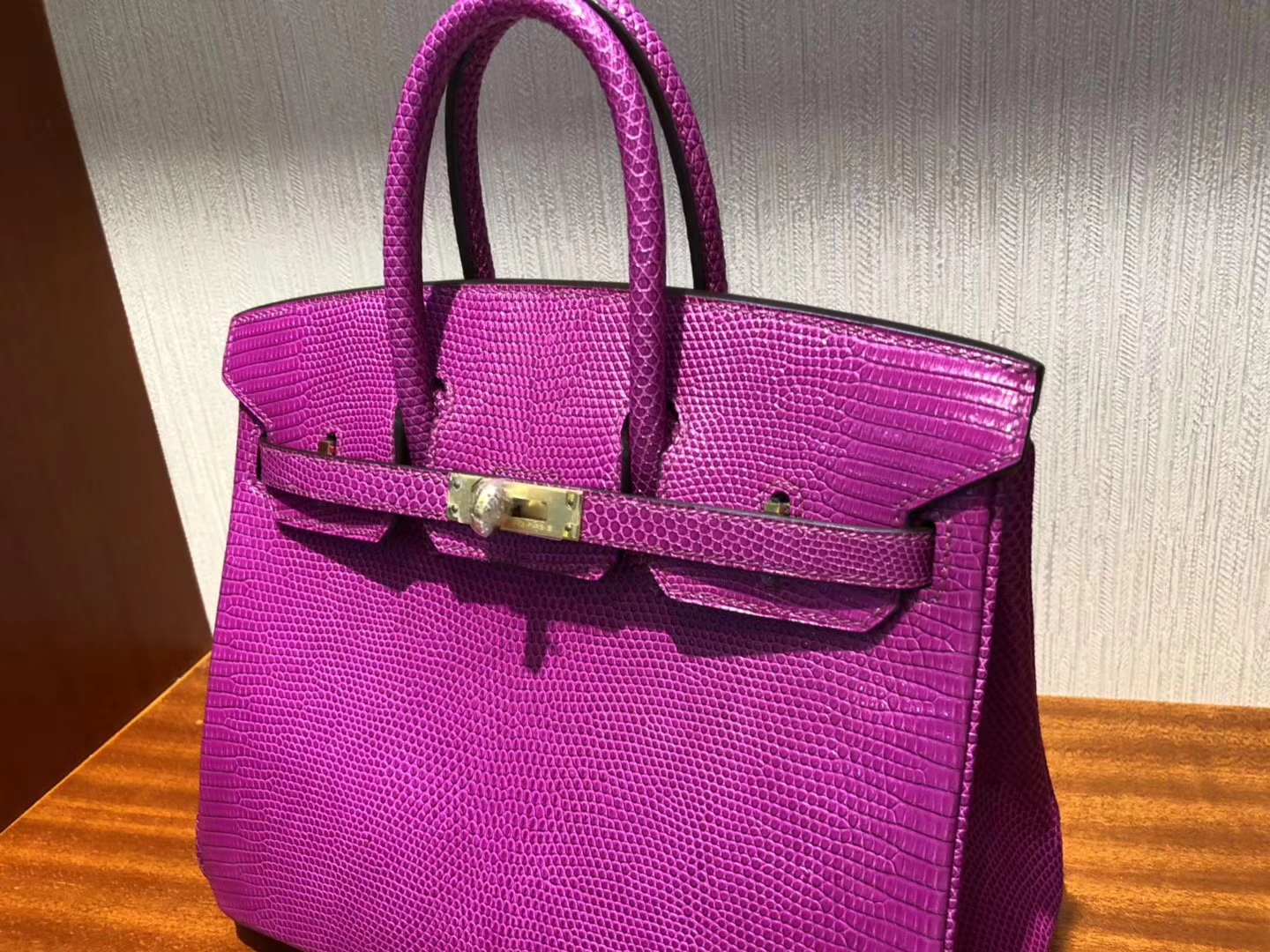 Hand Stitching Hermes L3 Rose Purple Lizard Leather Birkin25CM Bag Gold Hardware
