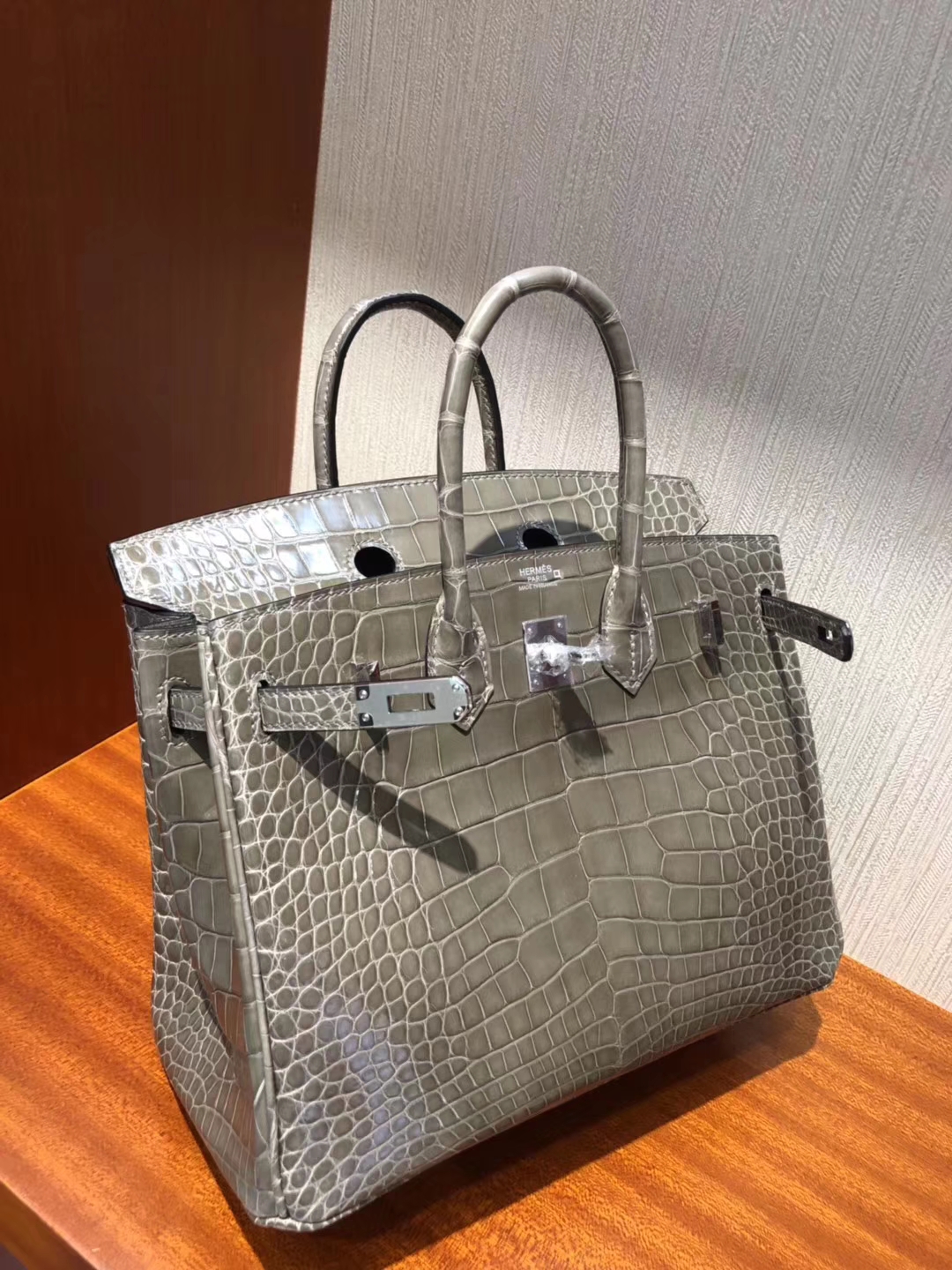 Elegant Hermes Alligator Shiny Crocodile Birkin Bag25CM in CK81 Gris Tourterelle
