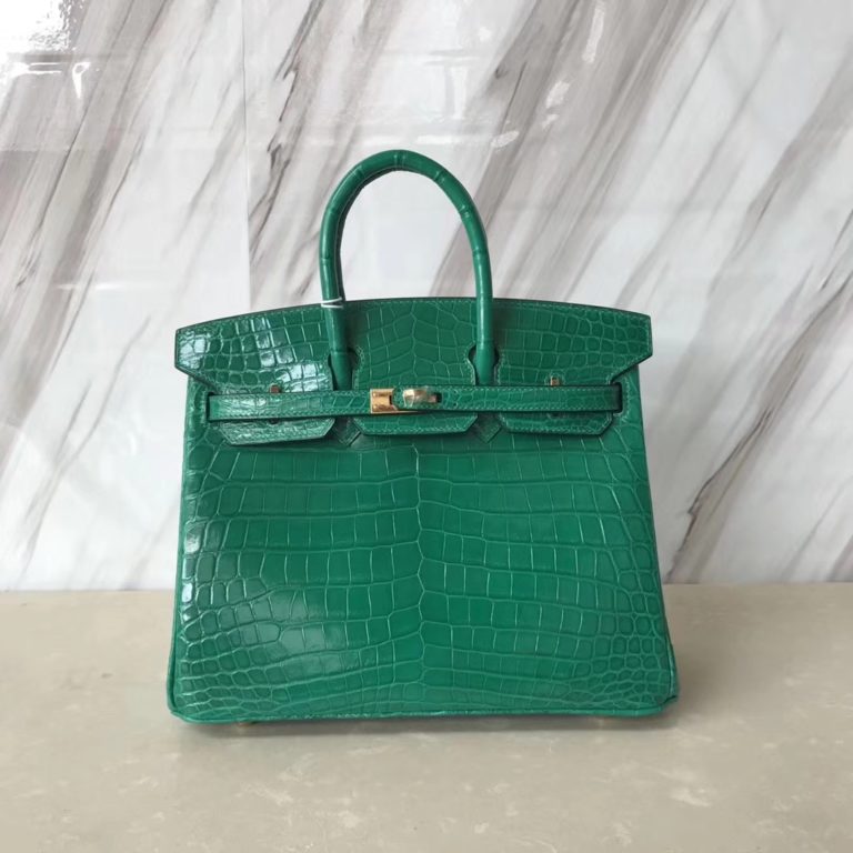 Hermes Shiny Crocodile Birkin 25CM Bag in 6Q Emerald Green Gold Hardware