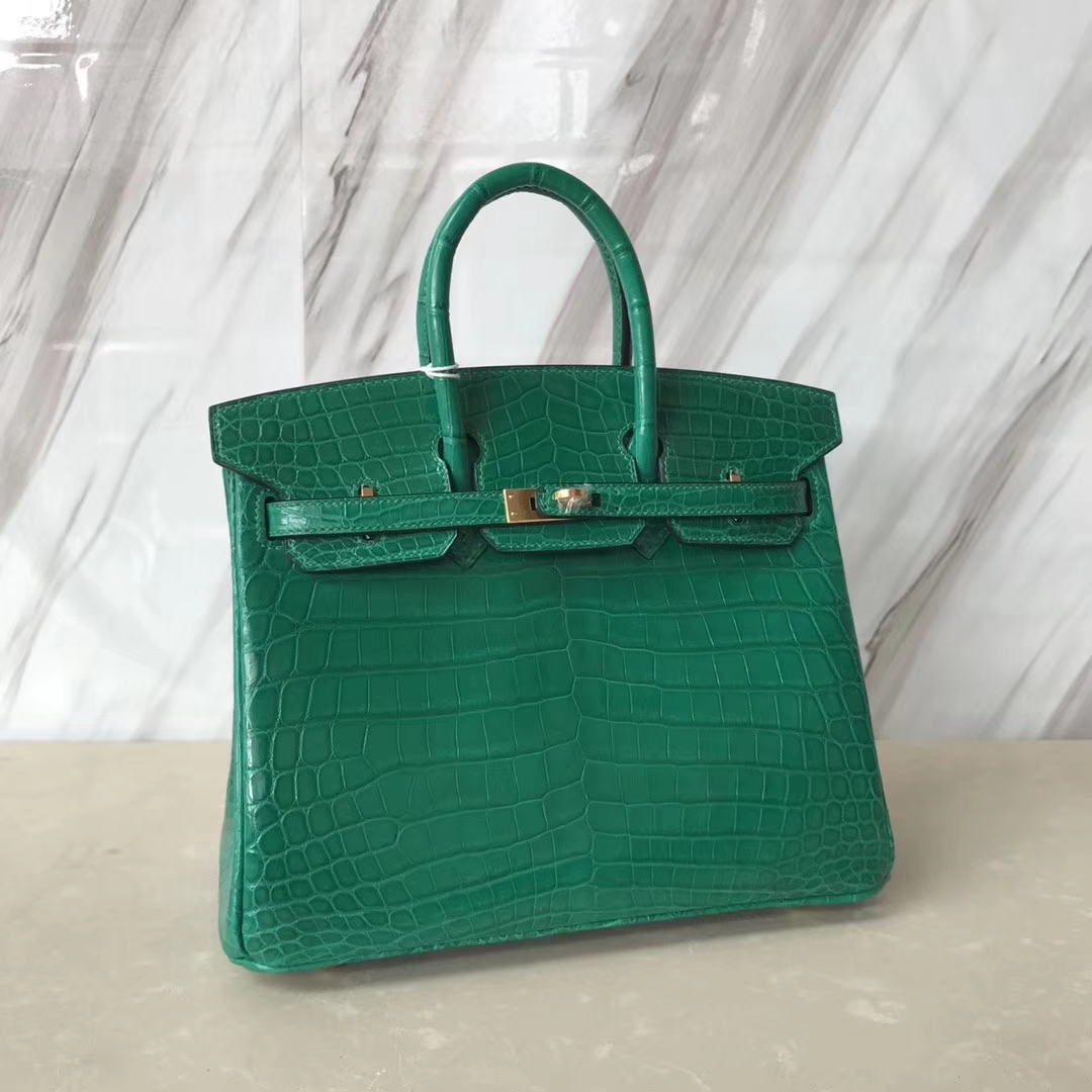 Luxury Hermes Shiny Crocodile Birkin25CM Bag in 6Q Emerald Green Gold Hardware