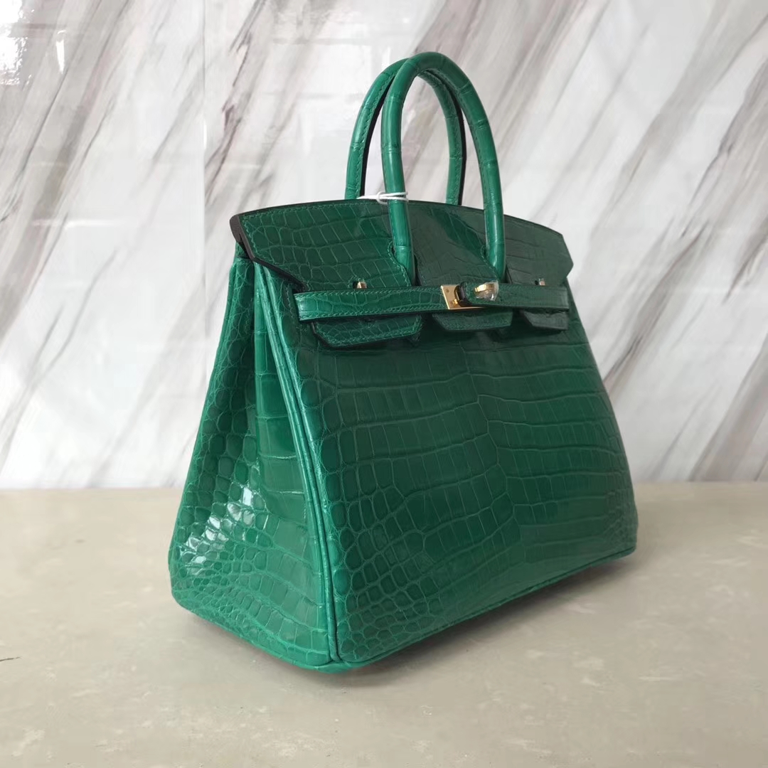 Luxury Hermes Shiny Crocodile Birkin25CM Bag in 6Q Emerald Green Gold Hardware