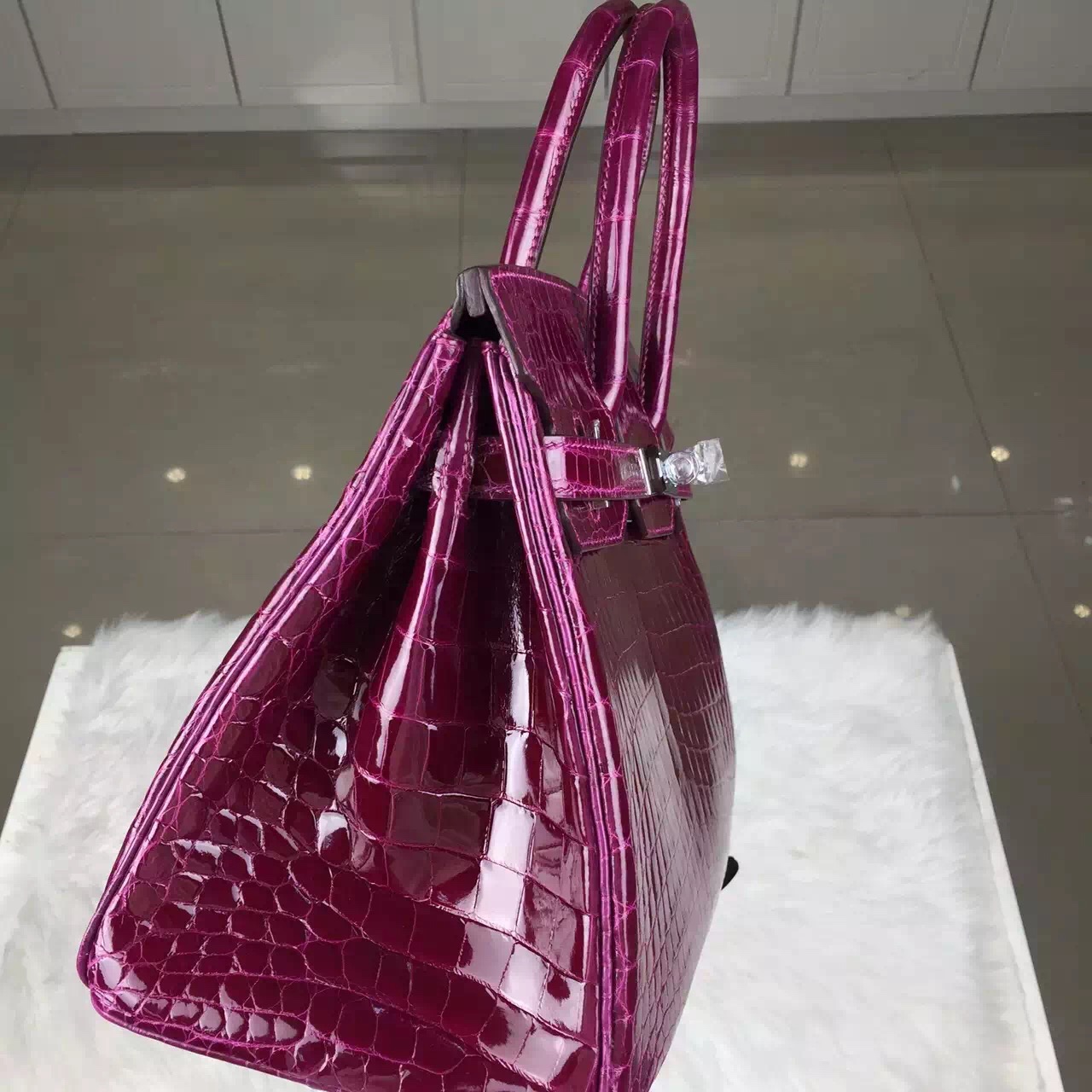 New Fuchsia Color Crocodile Shiny Leather Hermes Birkin Bag30cm Silver Hardware