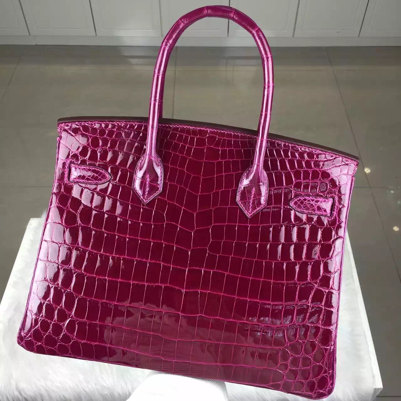 New Fuchsia Color Crocodile Shiny Leather Hermes Birkin Bag30cm Silver Hardware