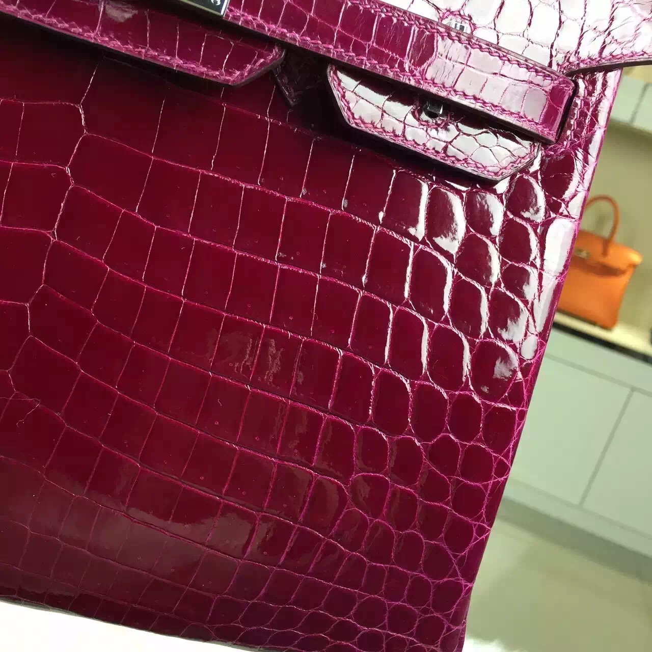 New Fuchsia Color Crocodile Shiny Leather Hermes Birkin Bag30cm Silver Hardware