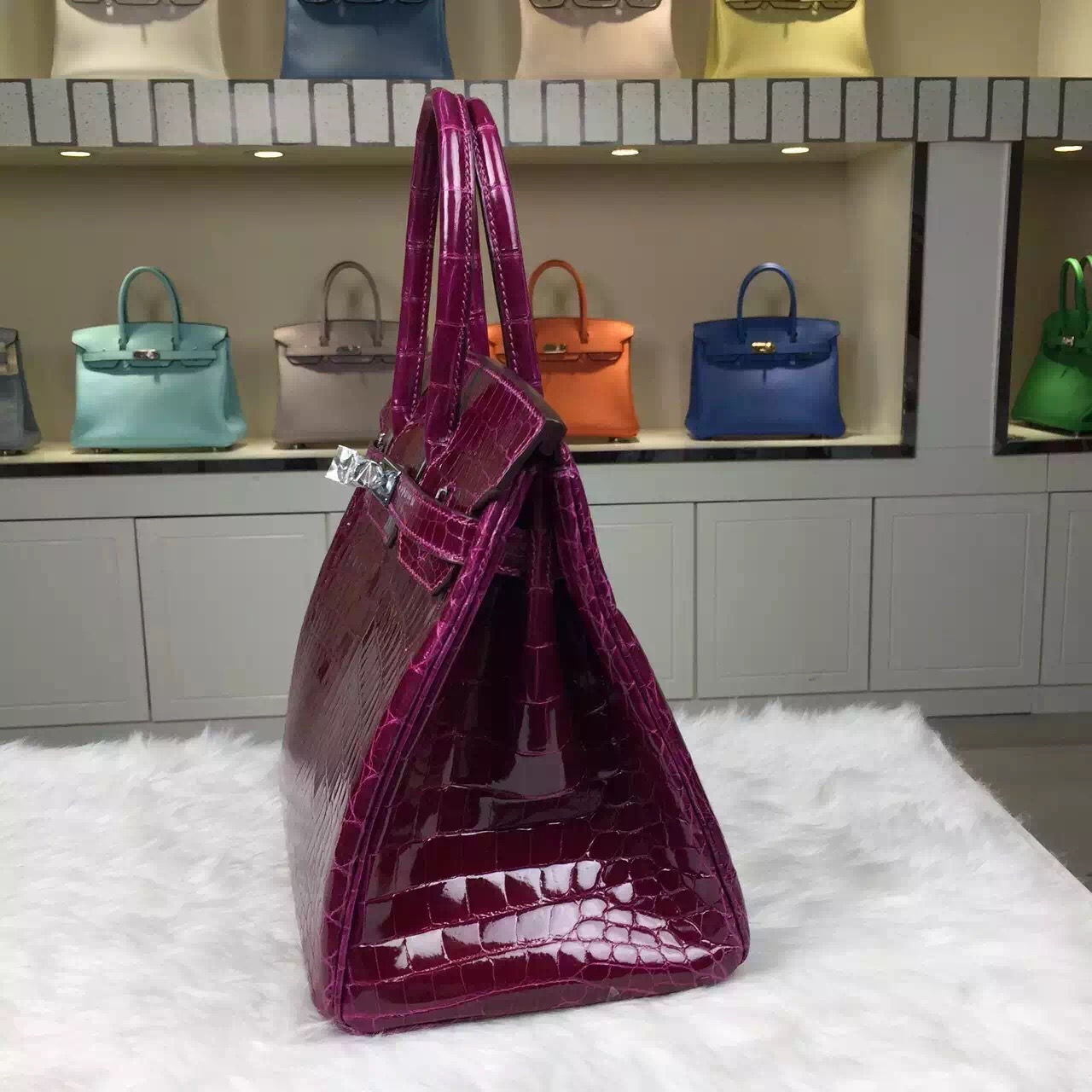 New Fuchsia Color Crocodile Shiny Leather Hermes Birkin Bag30cm Silver Hardware