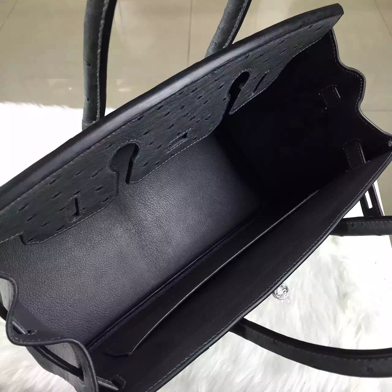 Hand Stitching Hermes Etain Grey Ostrich Leather Birkin Bag30CM