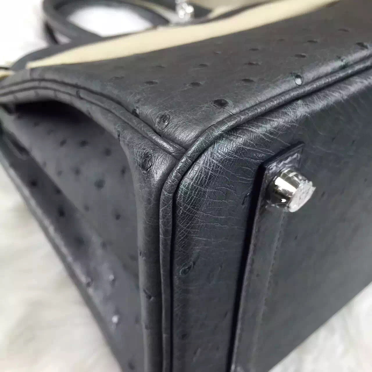 Hand Stitching Hermes Etain Grey Ostrich Leather Birkin Bag30CM