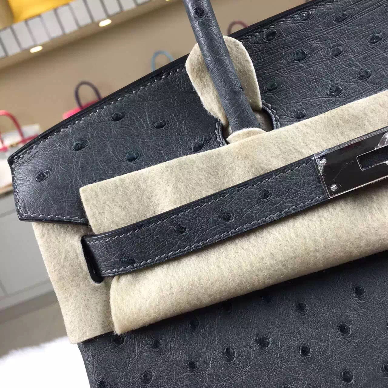 Hand Stitching Hermes Etain Grey Ostrich Leather Birkin Bag30CM