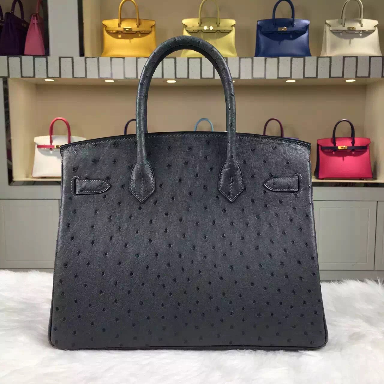Hand Stitching Hermes Etain Grey Ostrich Leather Birkin Bag30CM