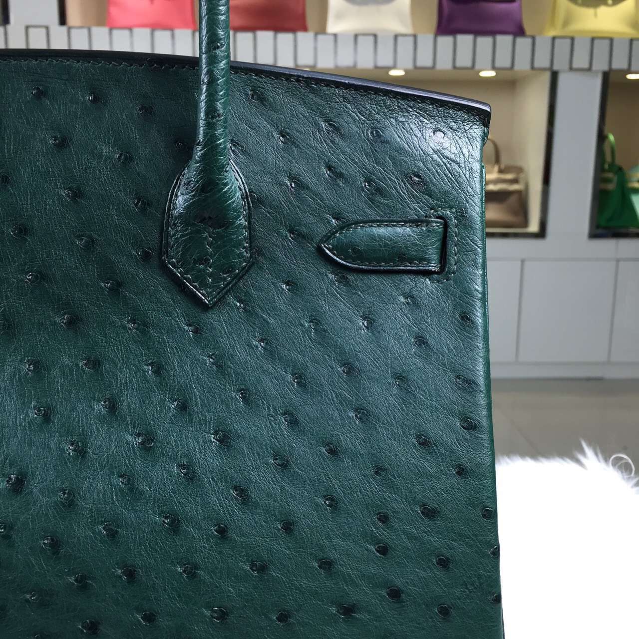 Online Store Hermes Birkin30 Dark Green Ostrich Leather Silver Hardware