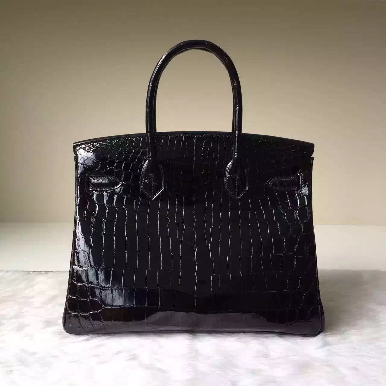 Noble Women&#8217;s Bag Hermes CK89 Black Shiny Crocodile Leather Birkin30