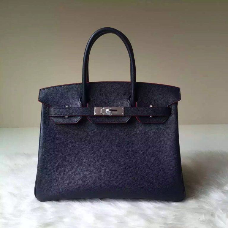Hermes Bag CC67 Deep Blue Epsom Leather Birkin 30 with Red Contour