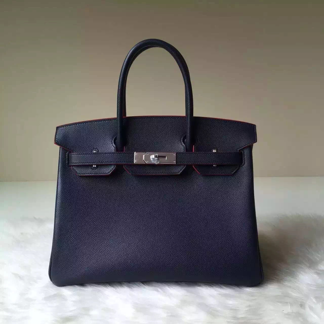 New Hermes Bag CC67 Deep Blue Epsom Leather Birkin30 with Red Contour