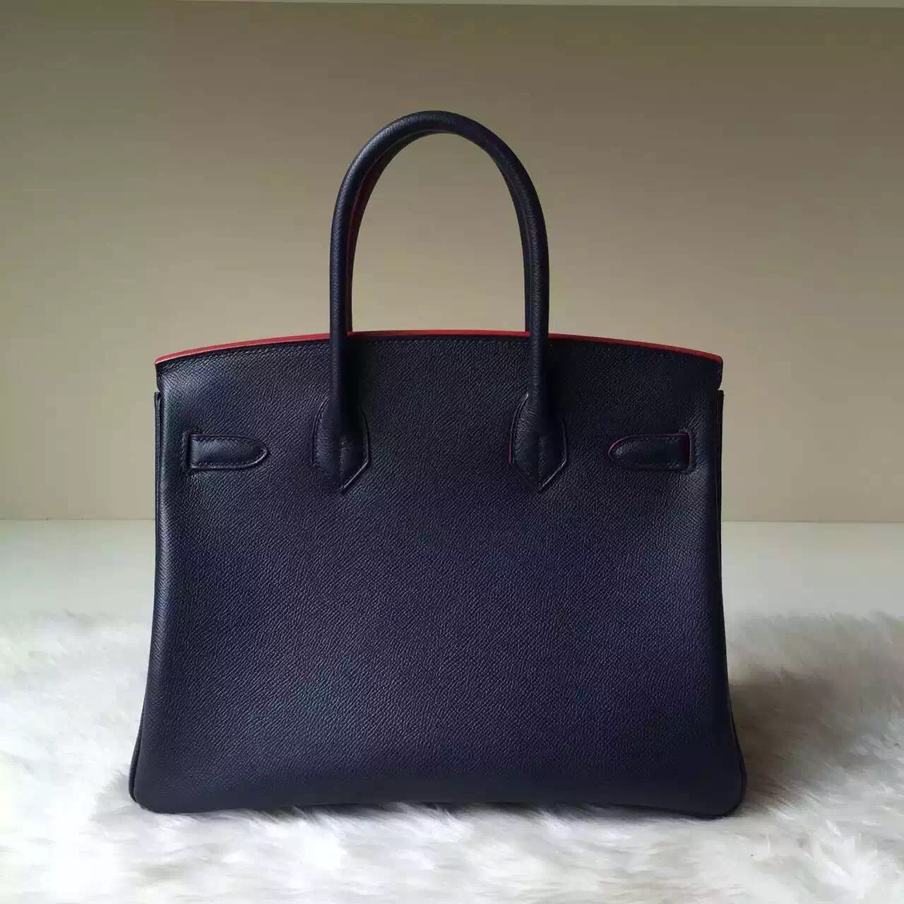 New Hermes Bag CC67 Deep Blue Epsom Leather Birkin30 with Red Contour
