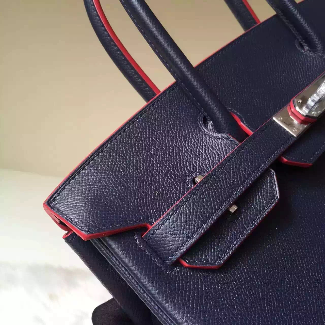 New Hermes Bag CC67 Deep Blue Epsom Leather Birkin30 with Red Contour