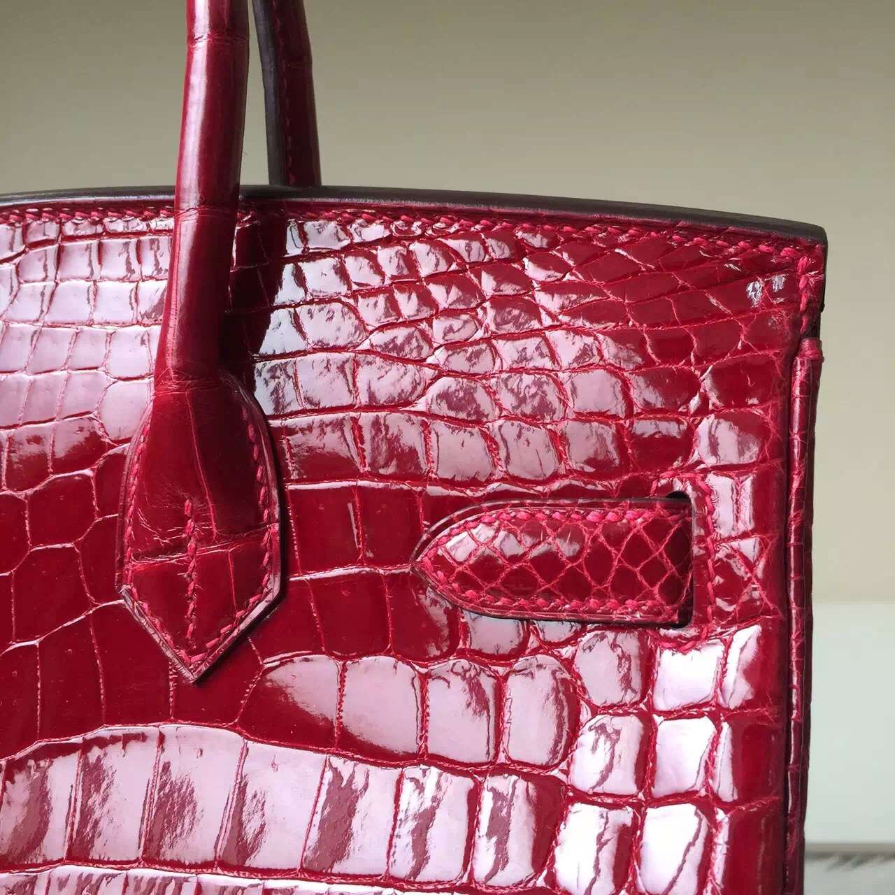 Hand Stitching Hermes Birkin30cm CK55 Hermes Red Crocodile Shiny Leather