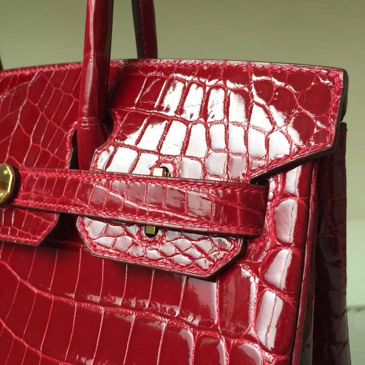 Hand Stitching Hermes Birkin30cm CK55 Hermes Red Crocodile Shiny Leather
