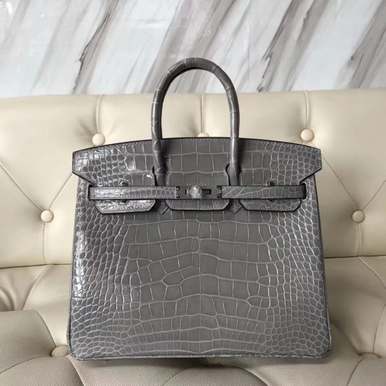 Hermes Shiny Crocodile Birkin Bag 25CM in Light Grey Silver Hardware
