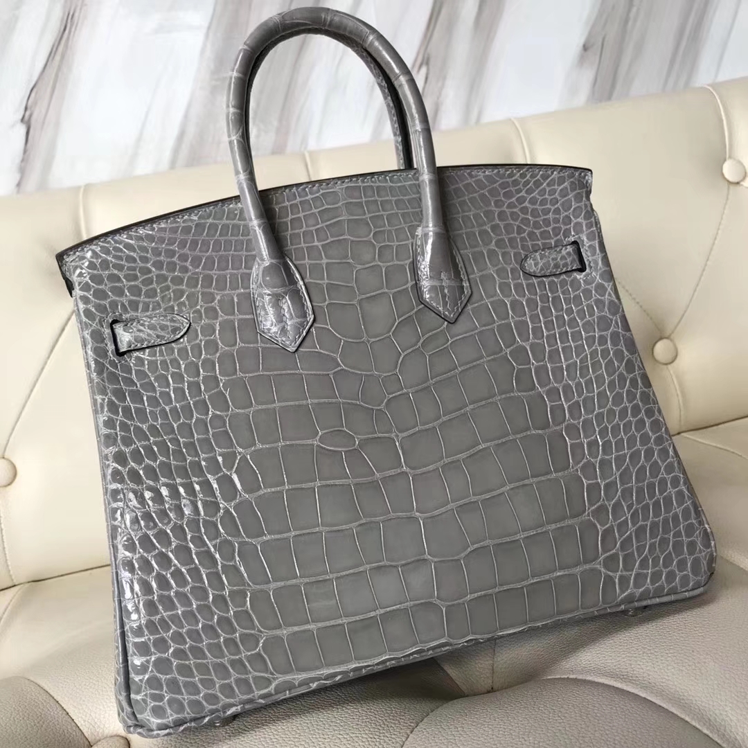 Sale Hermes Shiny Crocodile Birkin Bag25CM in Light Grey Silver Hardware