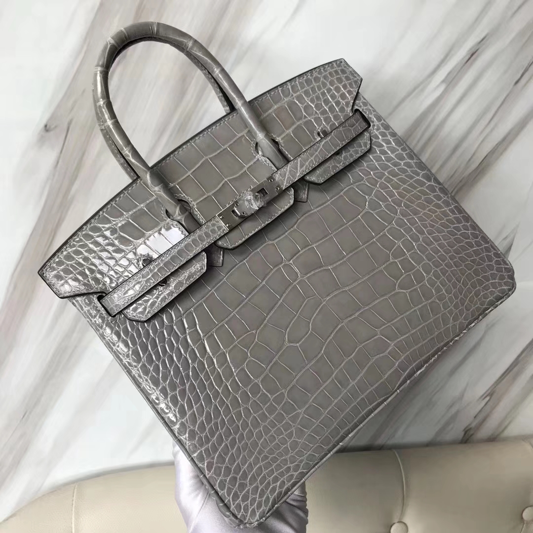 Sale Hermes Shiny Crocodile Birkin Bag25CM in Light Grey Silver Hardware