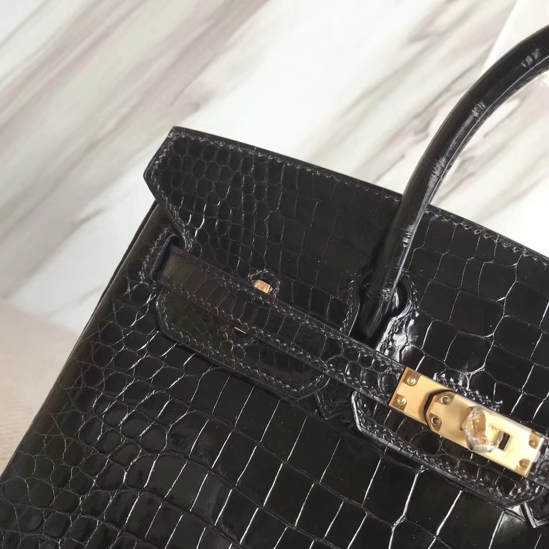 Discount Hermes CK89 Black Shiny Crocodile Birkin25CM Bag Gold Hardware