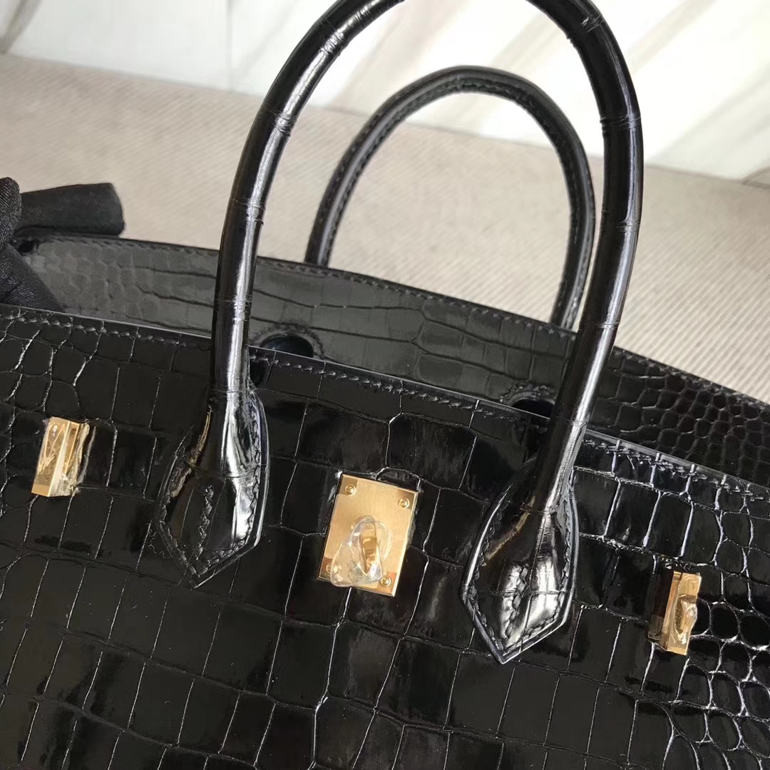 Discount Hermes CK89 Black Shiny Crocodile Birkin25CM Bag Gold Hardware