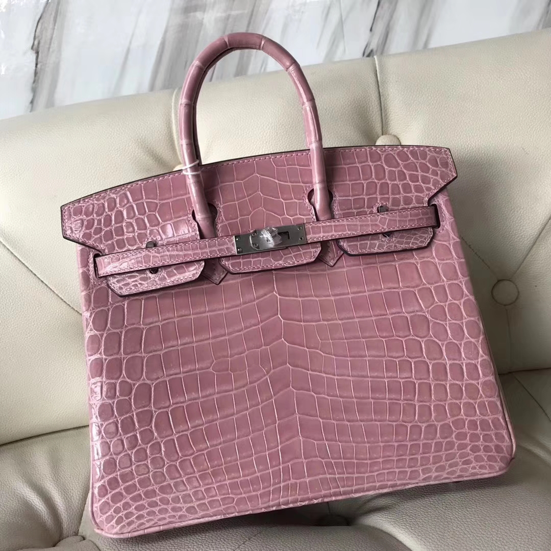 Pretty Hermes 5Z Rose Indienne Shiny Crocodile Birkin25CM Bag Silver Hardware