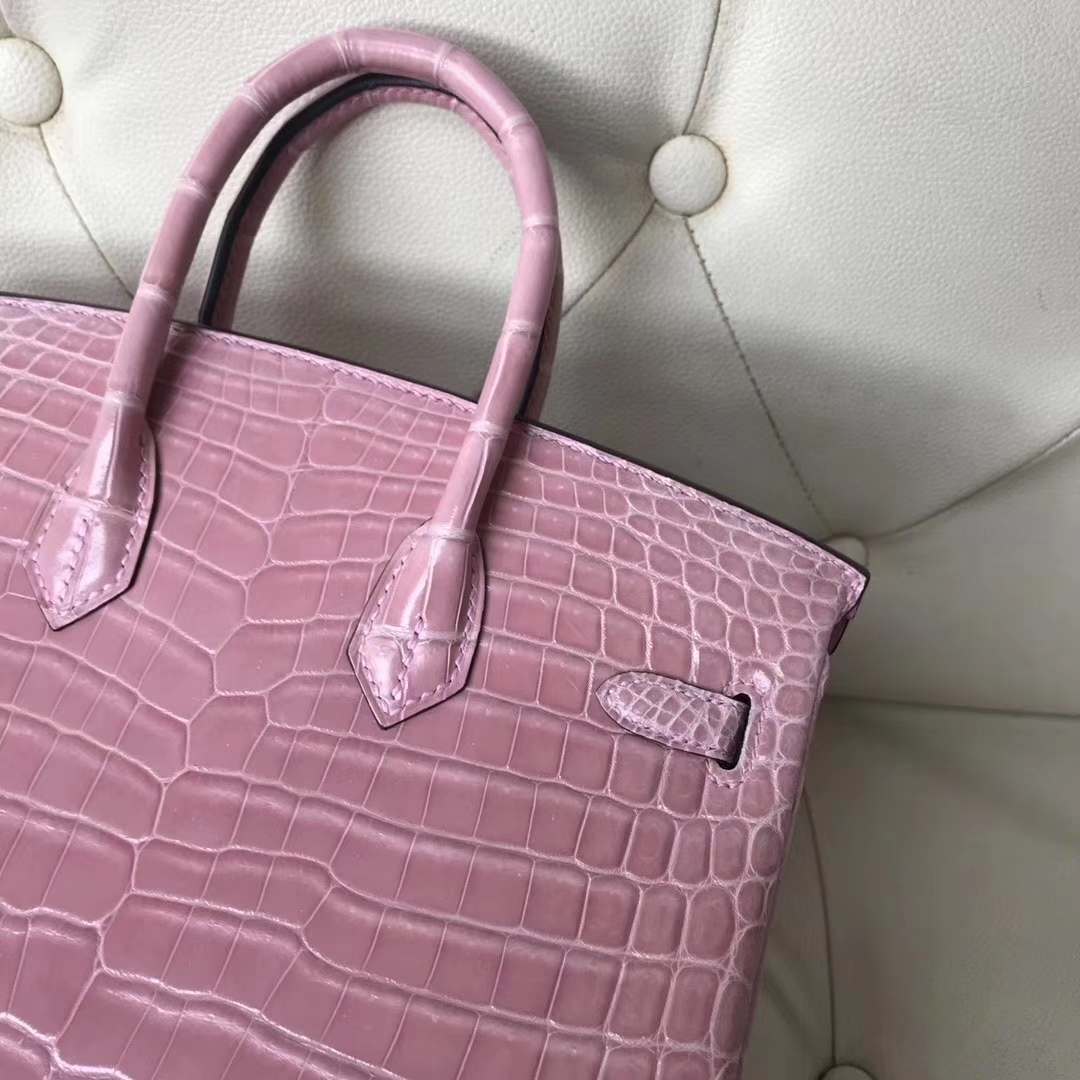 Pretty Hermes 5Z Rose Indienne Shiny Crocodile Birkin25CM Bag Silver Hardware