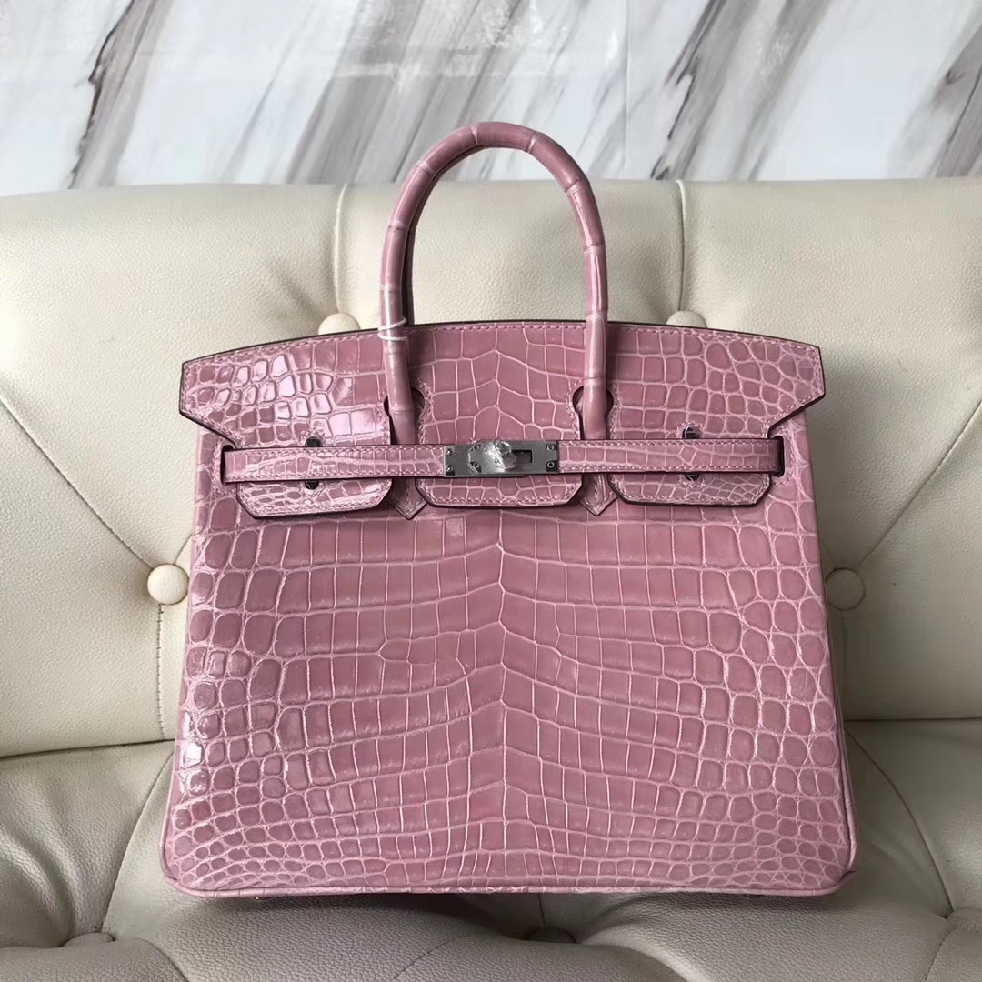 Pretty Hermes 5Z Rose Indienne Shiny Crocodile Birkin25CM Bag Silver Hardware