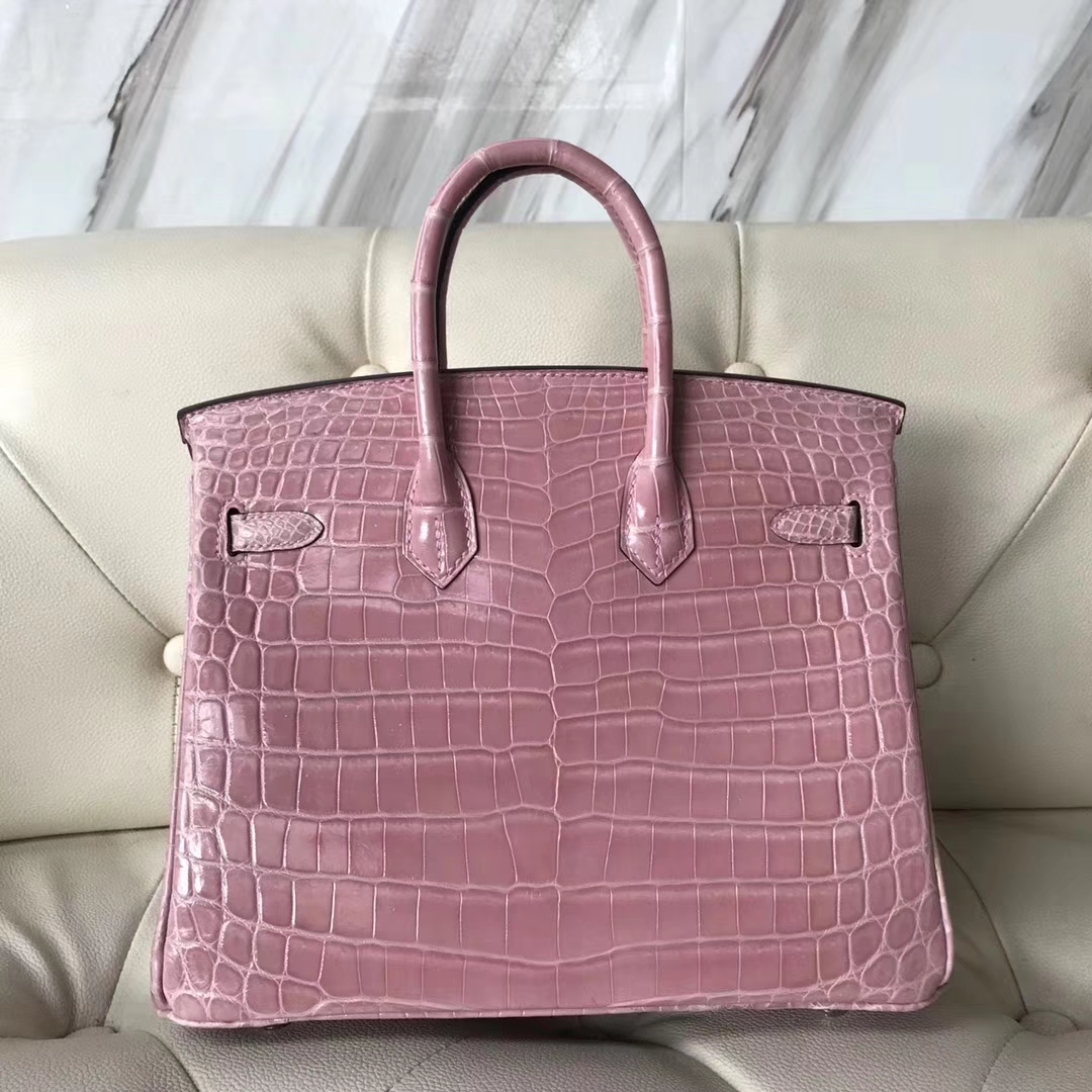 Pretty Hermes 5Z Rose Indienne Shiny Crocodile Birkin25CM Bag Silver Hardware