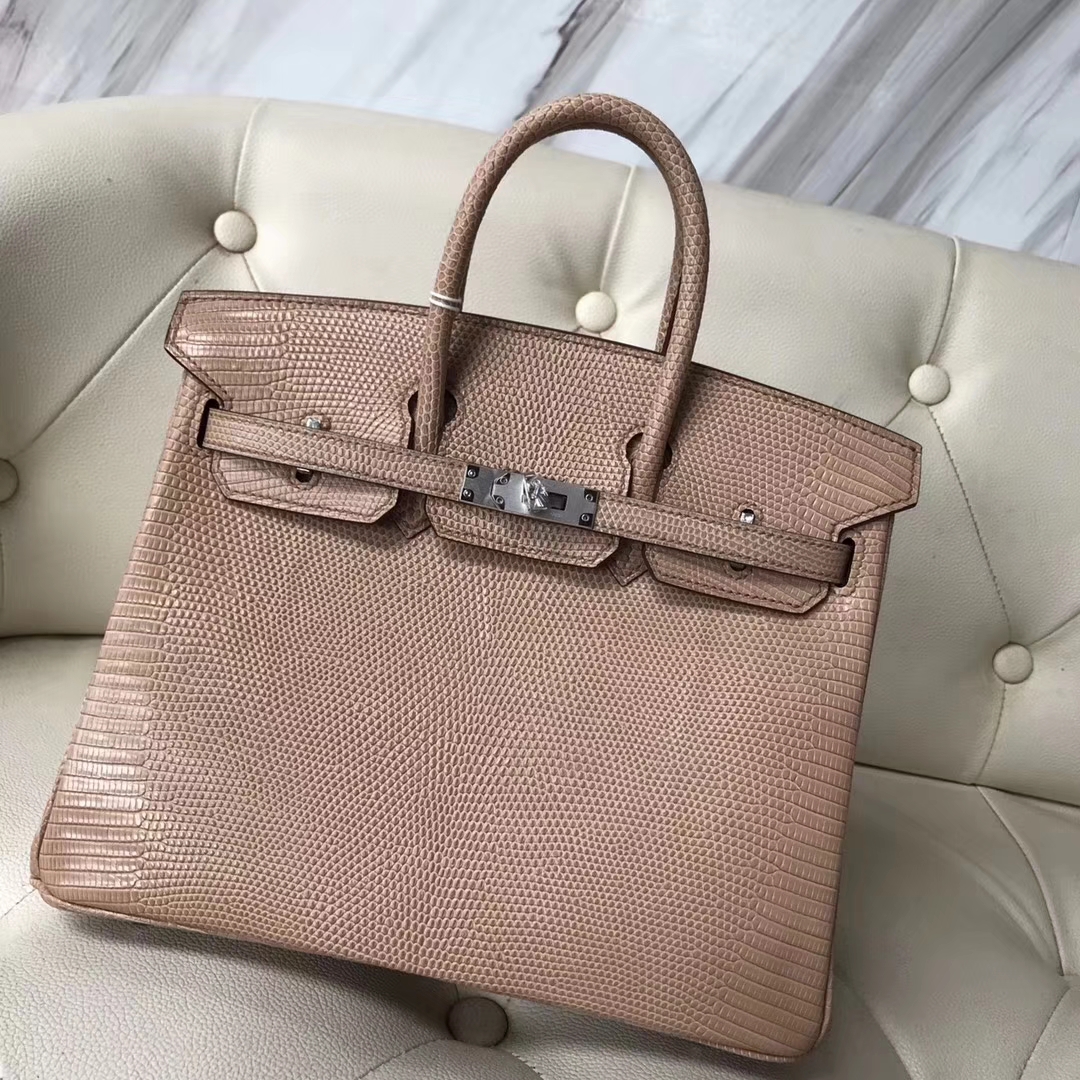 Fashion Hermes Shiny Lizard Birkin25CM Tote Bag in CC24 Milk Tea Color