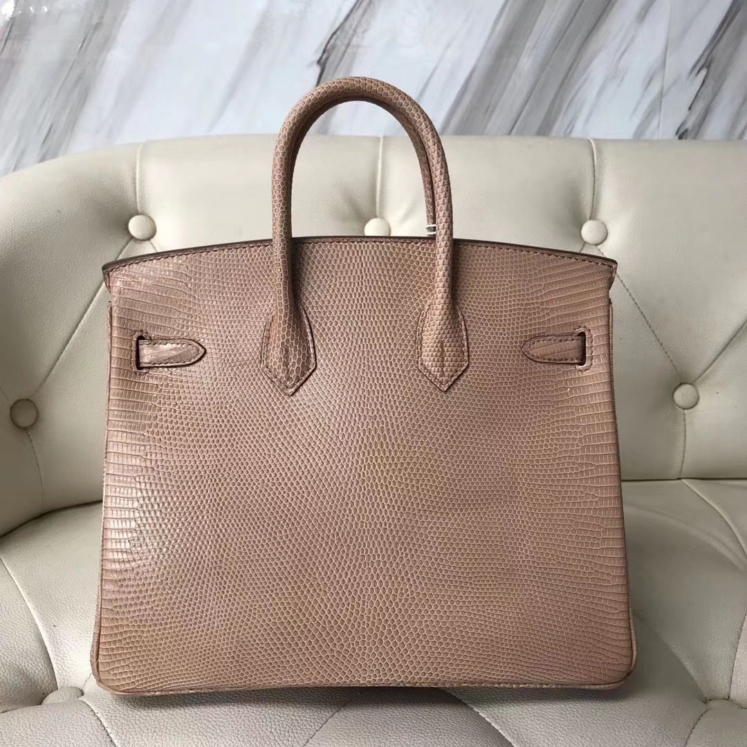 Fashion Hermes Shiny Lizard Birkin25CM Tote Bag in CC24 Milk Tea Color