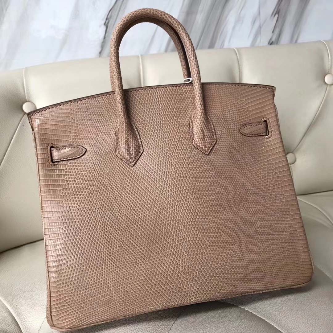 Fashion Hermes Shiny Lizard Birkin25CM Tote Bag in CC24 Milk Tea Color