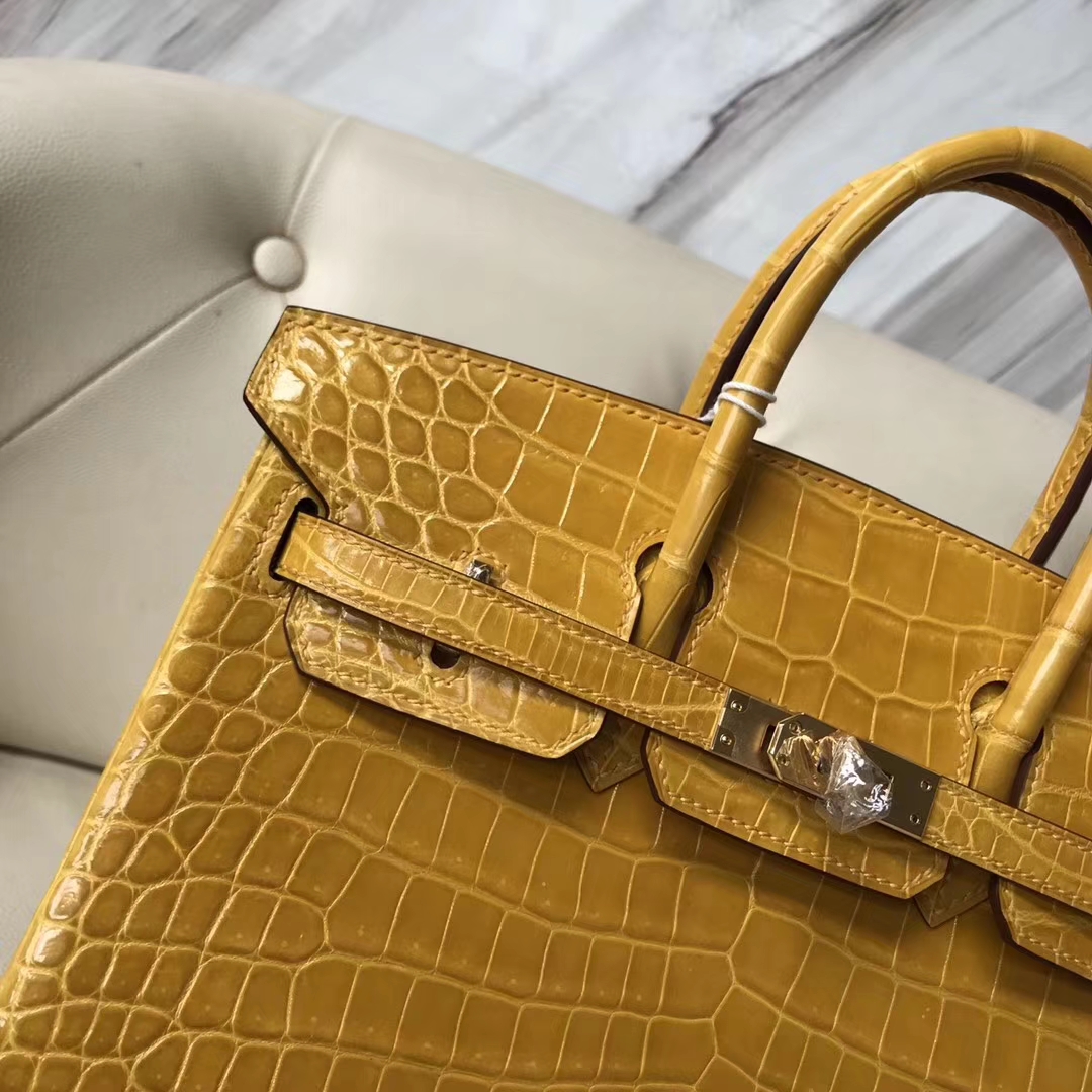 Luxury Hermes 9D Ambre Yellow Shiny Crocodile Birkin Bag25CM Gold Hardware